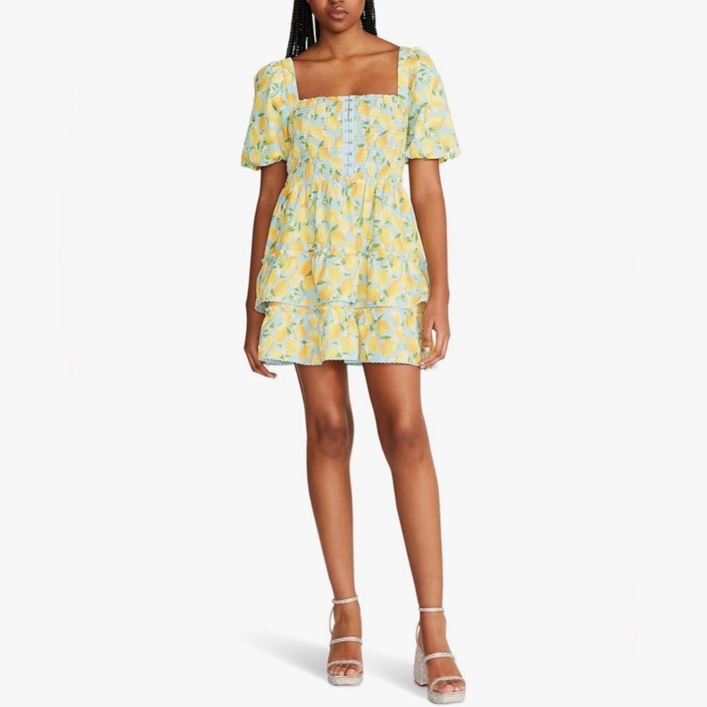 BETSEY JOHNSON HALEY YELLOW LEMON-PRINT SQUARE-NECK TIERED SIZE SMALL MINI DRESS